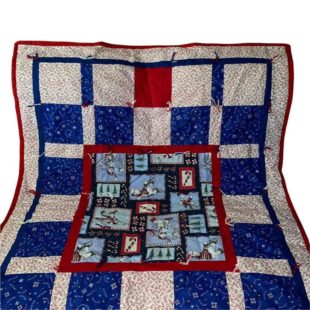 Vintage Handmade Hand Crafted Granny Square Quilt Christmas Holiday 57 X 44